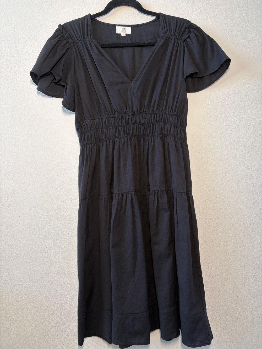 Smocked Waist Black Midi Dress with Flutter Sleeves